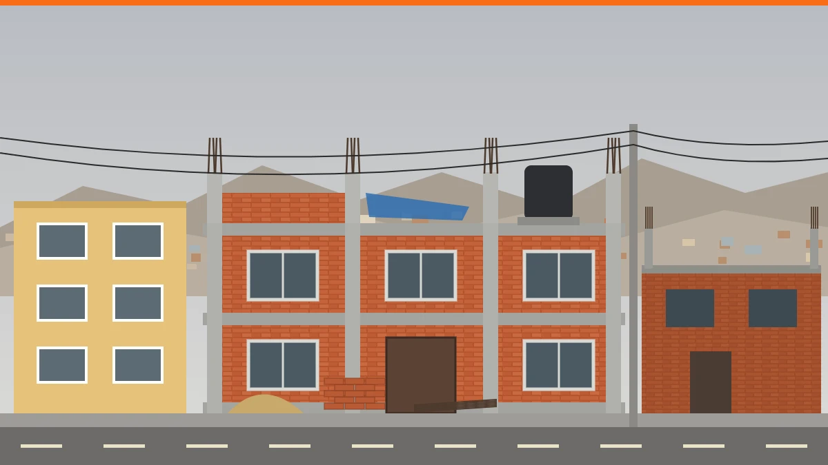 Vivienda de autoconstrucción en Lima con ladrillo expuesto, columnas con fierros de espera y tercer piso inconcluso