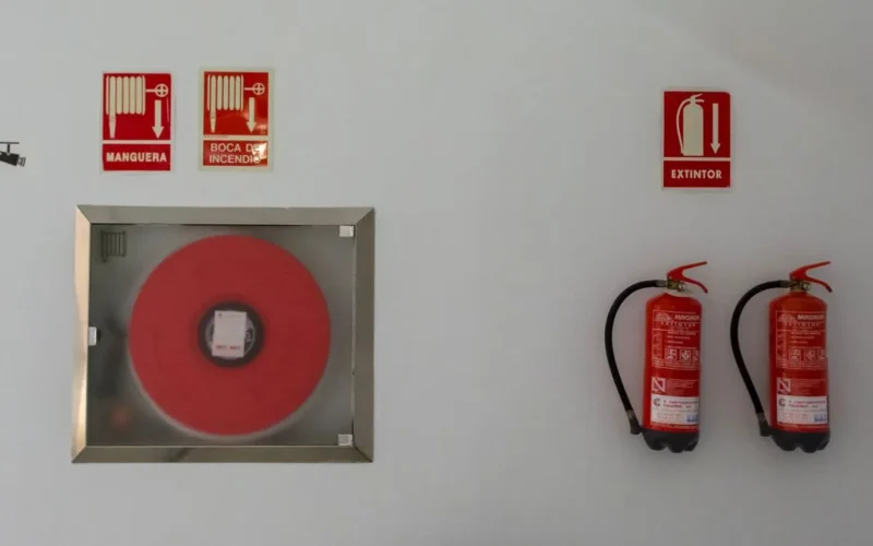 Extintor y señalización de seguridad en un local comercial