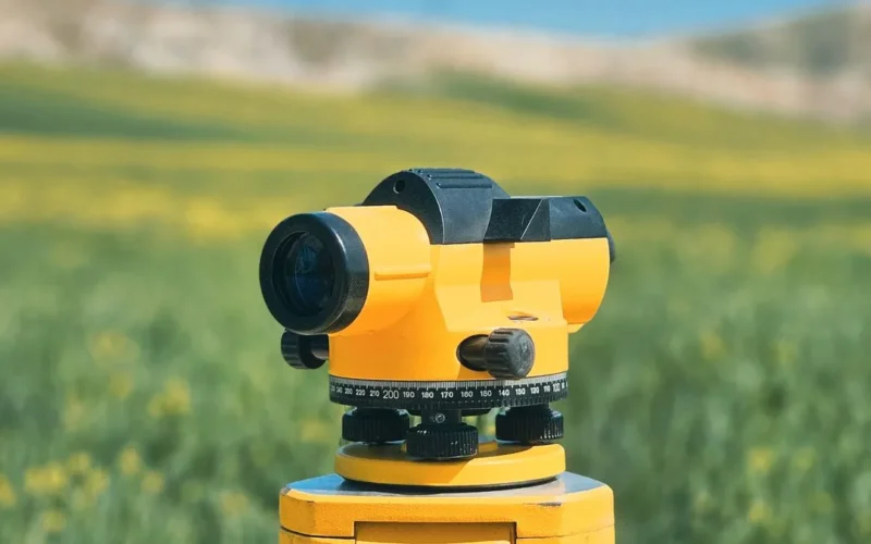 Nivel topográfico sobre trípode en un terreno